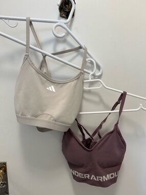 Set of 2: Adidas Taupe Sports Bra + Under Armour Mauve Sports Bra